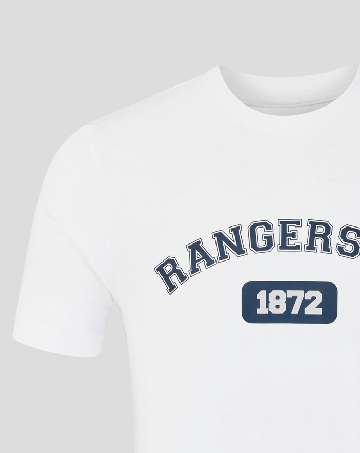 Front view of white unisex 25/26 Varsity Club Tee with Rangers FC curved lettering and 1872 badge