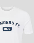 Close-up of neckline and chest graphic on white 25/26 Varsity Club Tee showing Rangers FC and 1872 badge