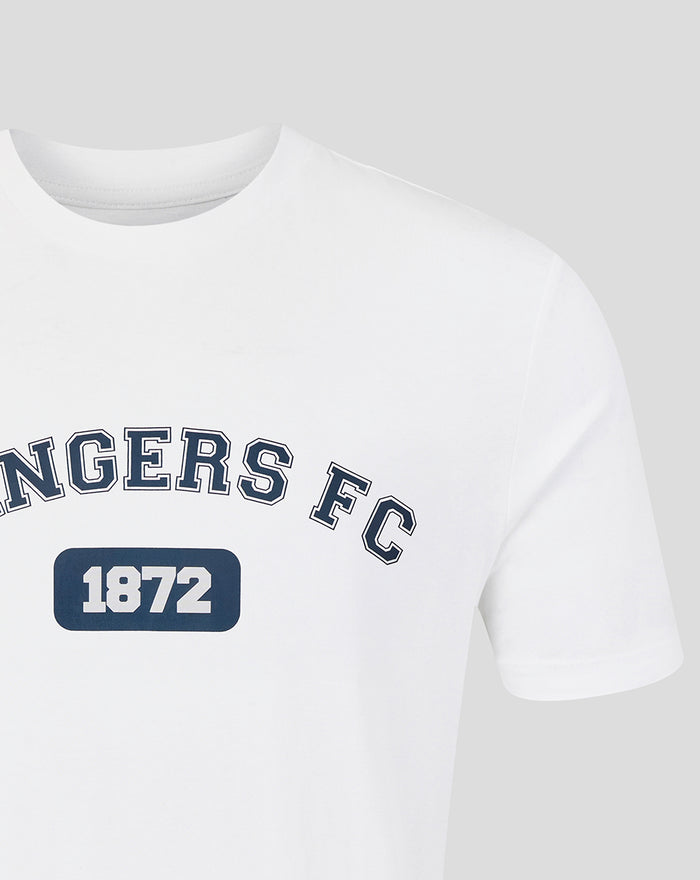 Close-up of neckline and chest graphic on white 25/26 Varsity Club Tee showing Rangers FC and 1872 badge