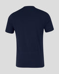 Back view of navy IBROX varsity tee with plain fabric and a small white crest at the neckline.
