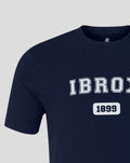 Unisex navy IBROX varsity tee with bold white outlined lettering and a white 1899 patch