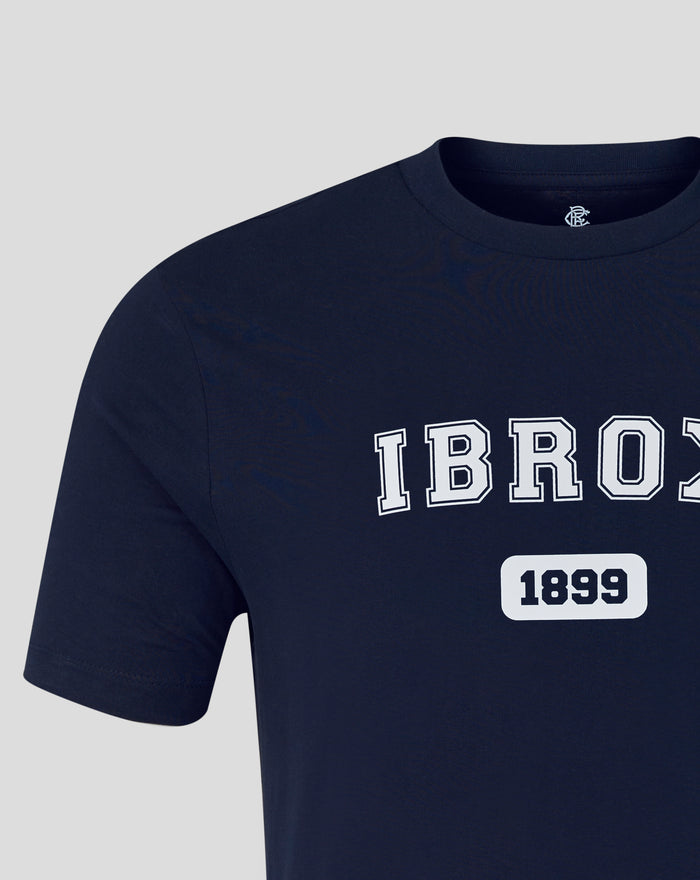Unisex navy IBROX varsity tee with bold white outlined lettering and a white 1899 patch
