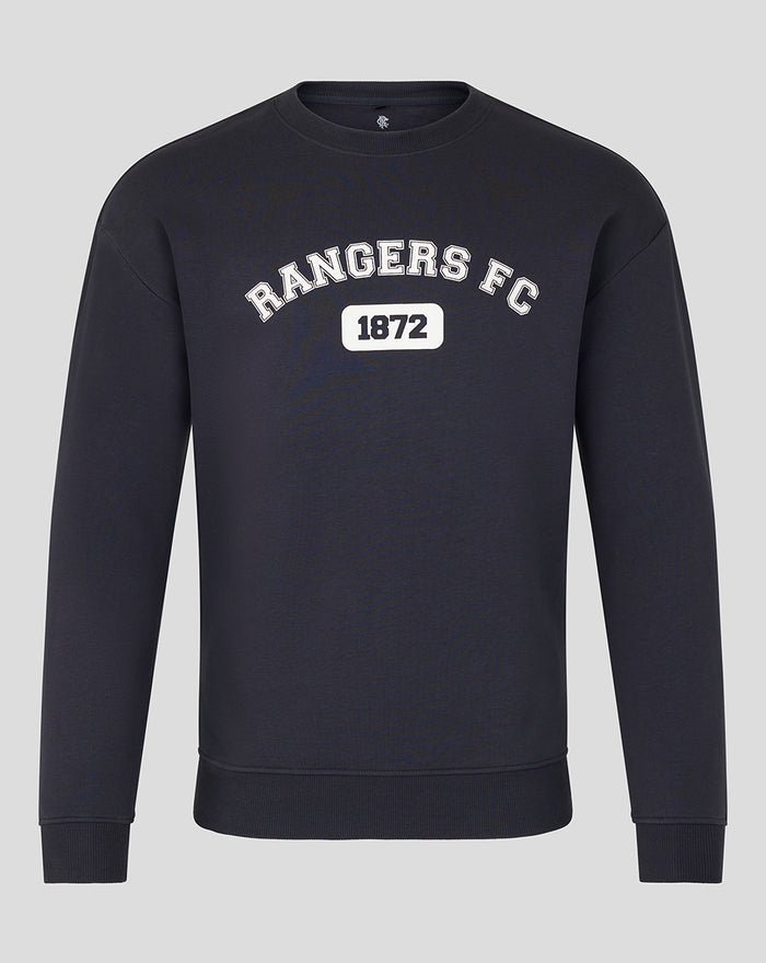 Navy unisex Varsity Club crew sweatshirt with Rangers FC logo and 1872 badge