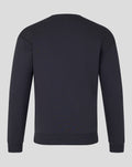 Back view of navy crewneck sweatshirt with ribbed cuffs and hem.