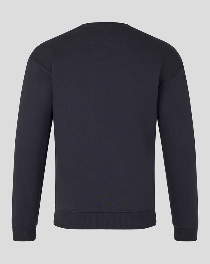 Back view of navy crewneck sweatshirt with ribbed cuffs and hem.
