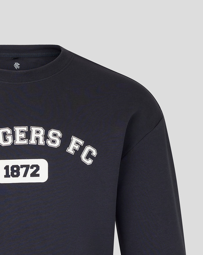 Navy unisex varsity club crew sweatshirt with 1872 badge and arched lettering on chest.