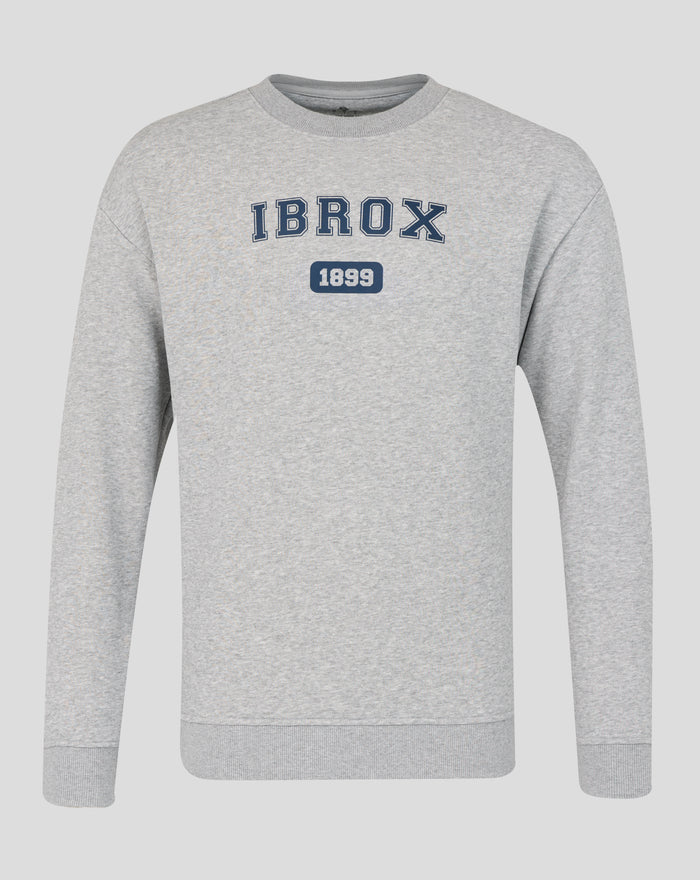 Front view of light grey heather IBROX Varsity Crew Sweatshirt with navy lettering and 1899 badge