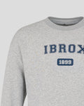 Front close up of the IBROX graphic on the grey crew sweatshirt with 1899 badge