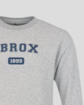 Light gray heathered IBROX varsity crewneck sweatshirt with navy outlined IBROX letters and a blue 1899 badge.