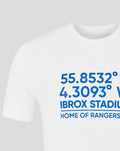White unisex varsity coordinates T shirt with blue coordinates printed across the chest