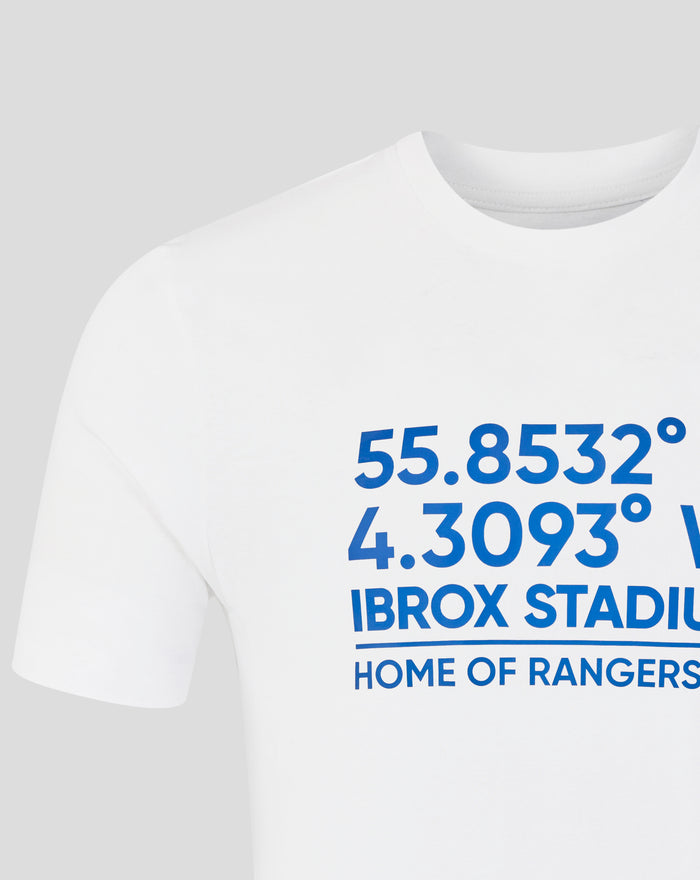White unisex varsity coordinates T shirt with blue coordinates printed across the chest