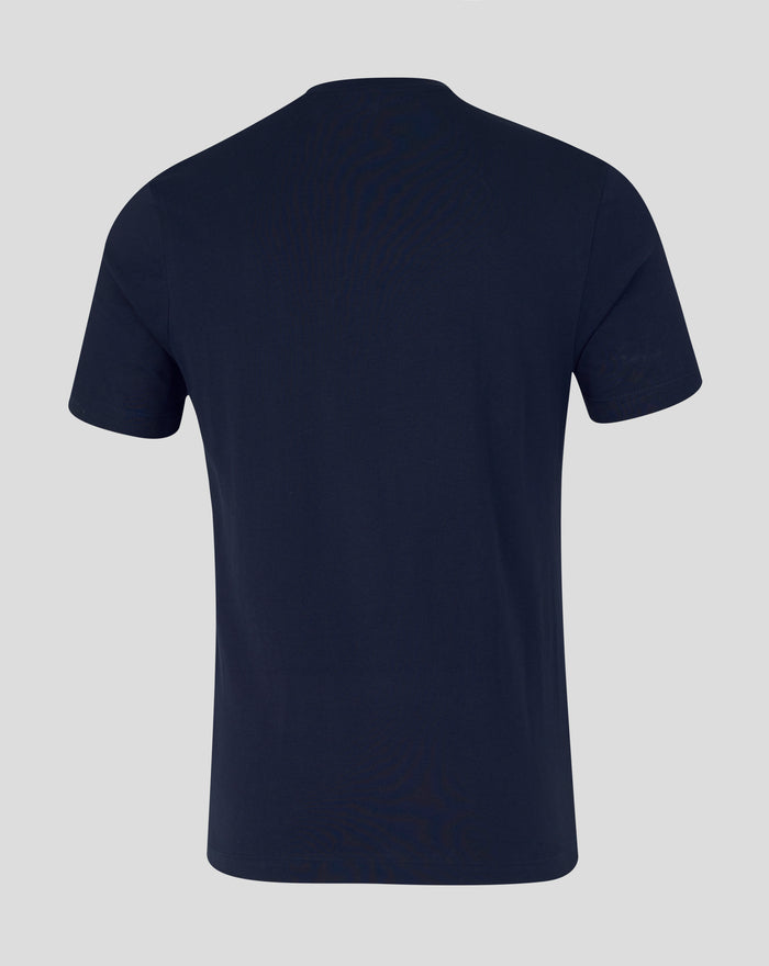 Back view of navy unisex T shirt with plain fabric and no print