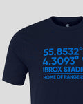 Close up of navy unisex coordinates T-shirt with bold blue latitude longitude numbers across the chest