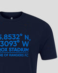 Close up of front print on navy T shirt showing coordinates and Ibrox Stadium text