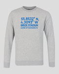 Light gray unisex coordinates crew sweatshirt with blue latitude longitude and IBROX STADIUM graphic