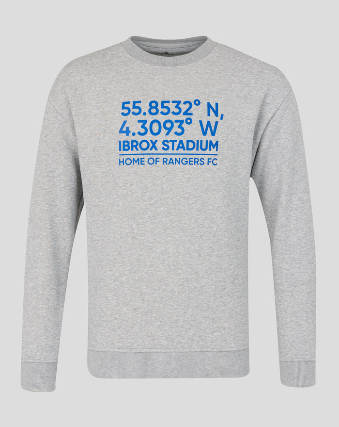 Light gray unisex coordinates crew sweatshirt with blue latitude longitude and IBROX STADIUM graphic