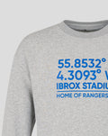 Close up of the neckline on a heather gray coordinates crew sweatshirt with bold blue text partially visible