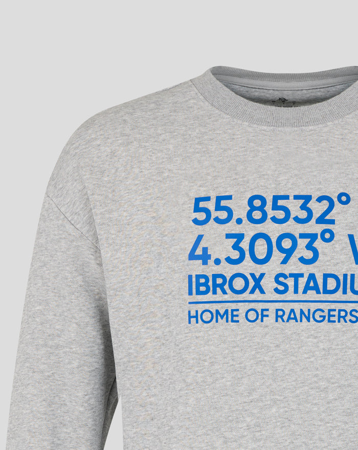Close up of the neckline on a heather gray coordinates crew sweatshirt with bold blue text partially visible