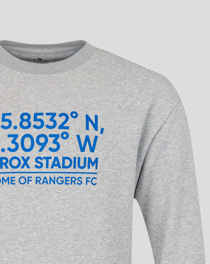 Front view of gray heather coordinates crew sweatshirt with bold blue coordinates across the chest