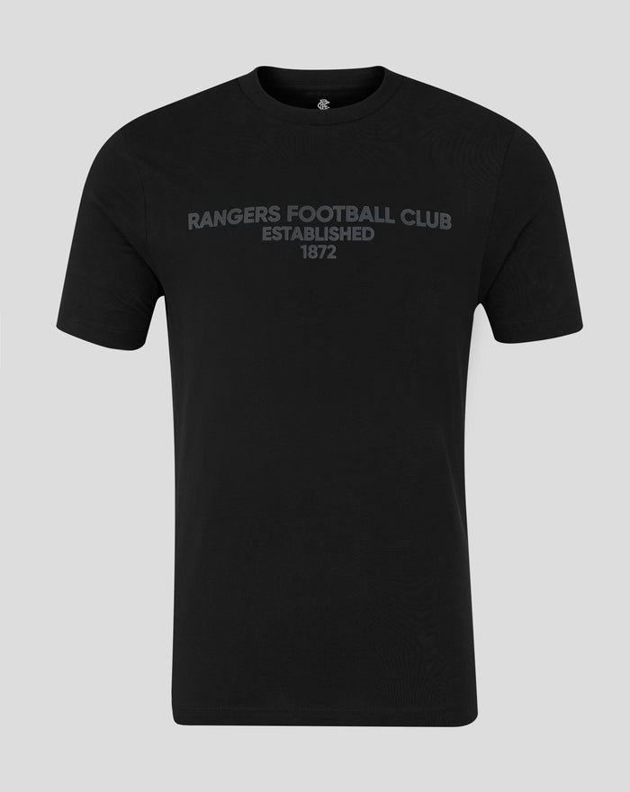 Unisex black tonal typography t-shirt with Rangers Football Club Established 1872 across chest