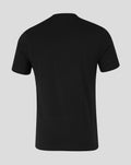 Unisex black varsity typography t-shirt back view showing plain fabric with no graphics
