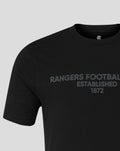 Close up of black unisex T shirt neckline with a small logo at the collar and partial front print