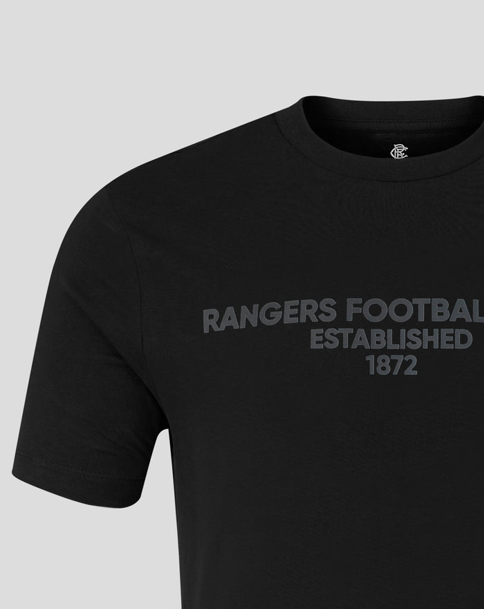 Close up of black unisex T shirt neckline with a small logo at the collar and partial front print