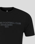 Black unisex T shirt upper chest with large grey Rangers Football Club established 1872 print