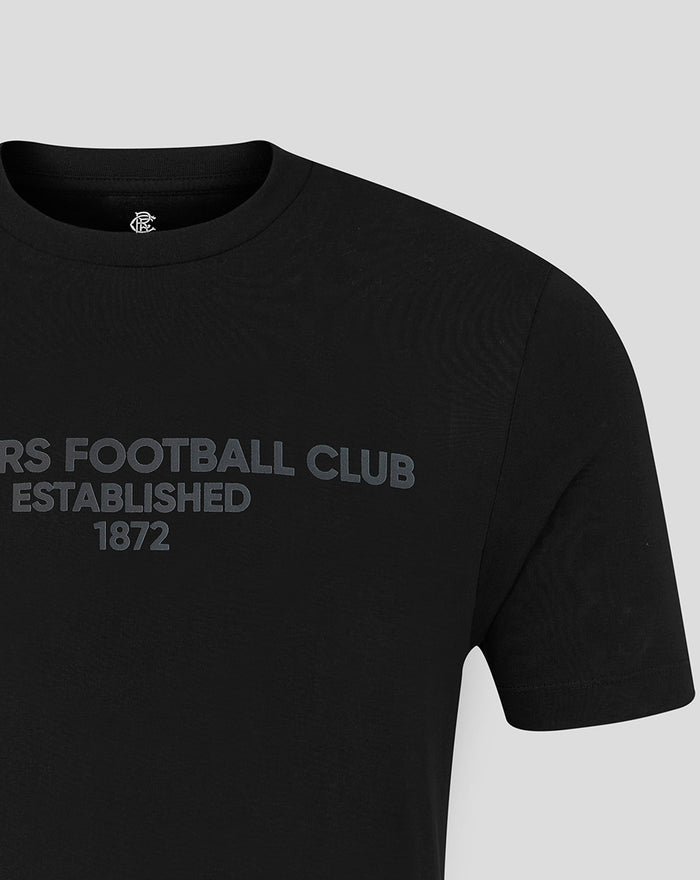 Black unisex T shirt upper chest with large grey Rangers Football Club established 1872 print