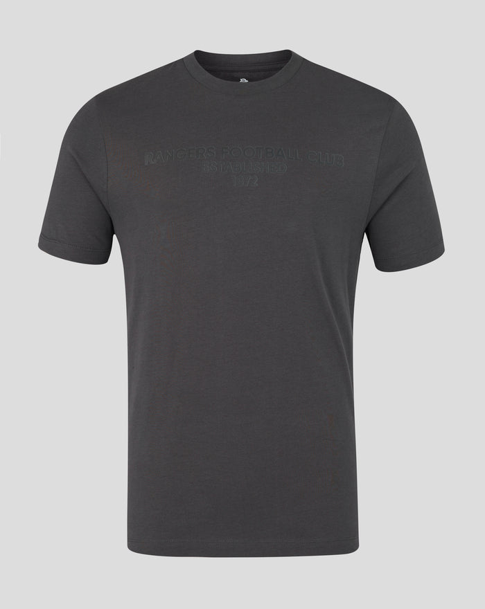 Front view of charcoal unisex varsity typography T-shirt with embossed Rangers Football Club text