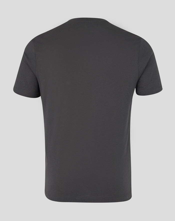 Back view of charcoal unisex varsity typography T-shirt