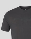 Close-up of charcoal T-shirt chest showing embossed Rangers Football Club text