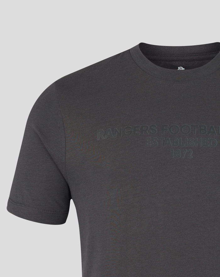 Close-up of charcoal T-shirt chest showing embossed Rangers Football Club text