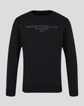 Front view of black unisex crew sweatshirt with tonal Rangers Football Club Established 1872 print across chest