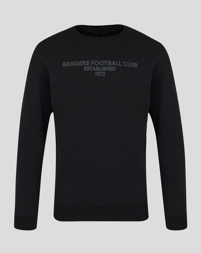 Front view of black unisex crew sweatshirt with tonal Rangers Football Club Established 1872 print across chest