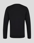 Back view of black varsity tonal typography crew sweatshirt showing curved shoulder seam