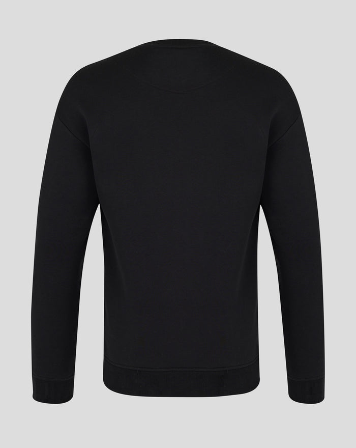 Back view of black varsity tonal typography crew sweatshirt showing curved shoulder seam