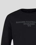Close up of black crew sweatshirt showing embossed tonal Rangers Football Club Established 1872 graphic on the chest