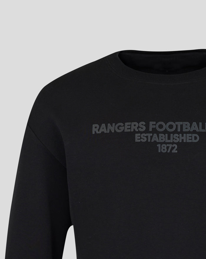 Close up of black crew sweatshirt showing embossed tonal Rangers Football Club Established 1872 graphic on the chest