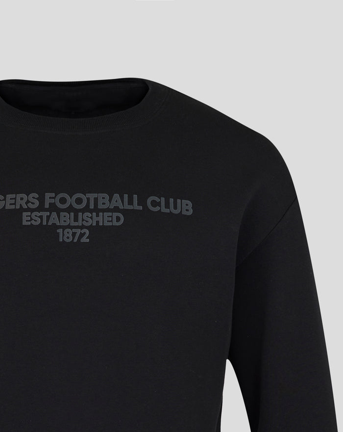 Close-up of black unisex varsity tonal typography crew sweatshirt with subtle grey lettering across the chest