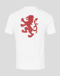 Back view of white unisex T-shirt with a large red 1872 lion crest on the back