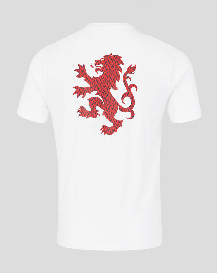 Back view of white unisex T-shirt with a large red 1872 lion crest on the back