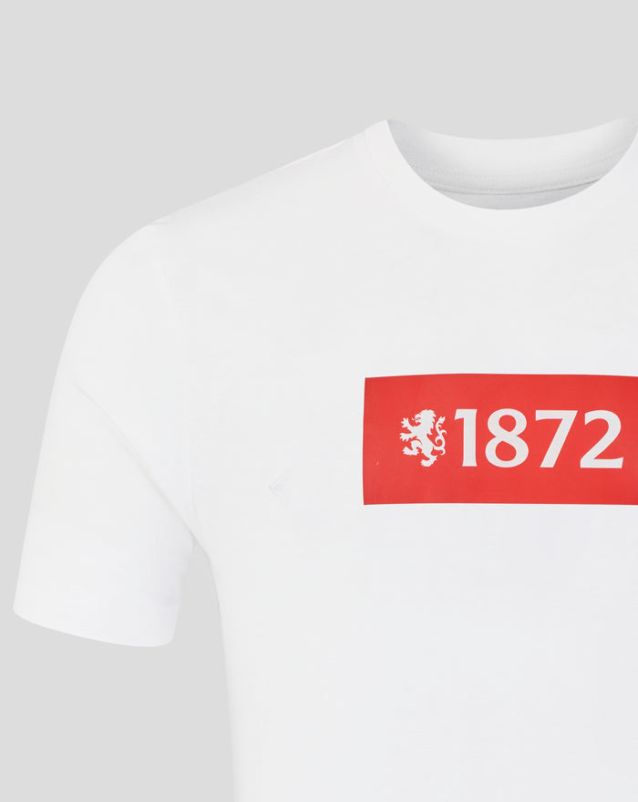 Close-up of white T shirt neckline and shoulder area with partial red 1872 graphic on the chest