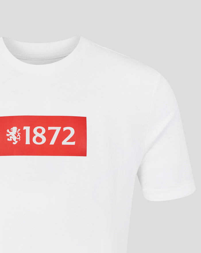 Front view of white T shirt with a large red 1872 graphic featuring a white lion crest