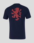 Navy T shirt back with large red geometric lion design