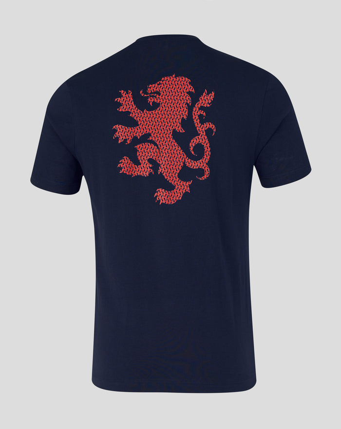 Navy T shirt back with large red geometric lion design