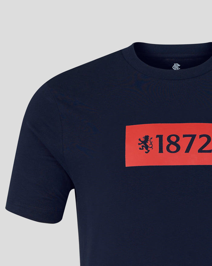 Navy unisex T-shirt with a bold red 1872 logo and lion emblem on the chest