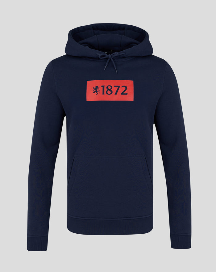 Front view of navy hooded sweatshirt with red 1872 lion crest on chest and drawstring hood.