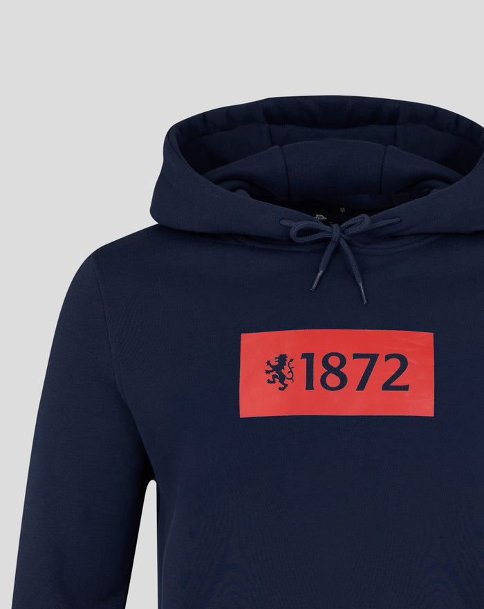 Front close up of navy hoodie chest featuring a bright red 1872 lion graphic.