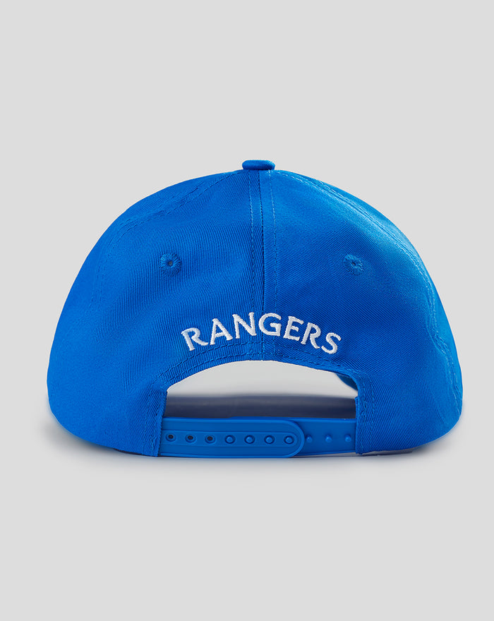 Back view of a blue Rangers cotton twill cap with an adjustable strap